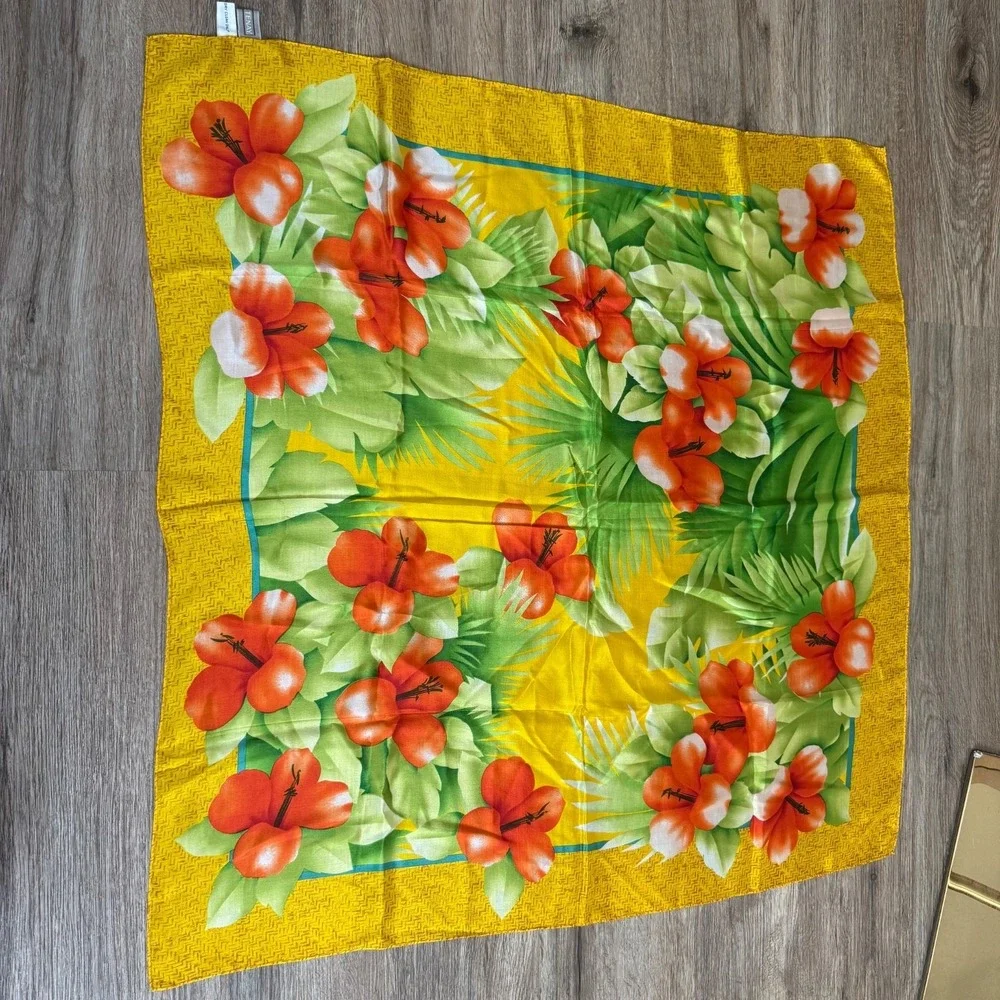 CC Courtenay Hibiscus‎ Silk Scarf  Hawaiian | Yellow Red Green | 31